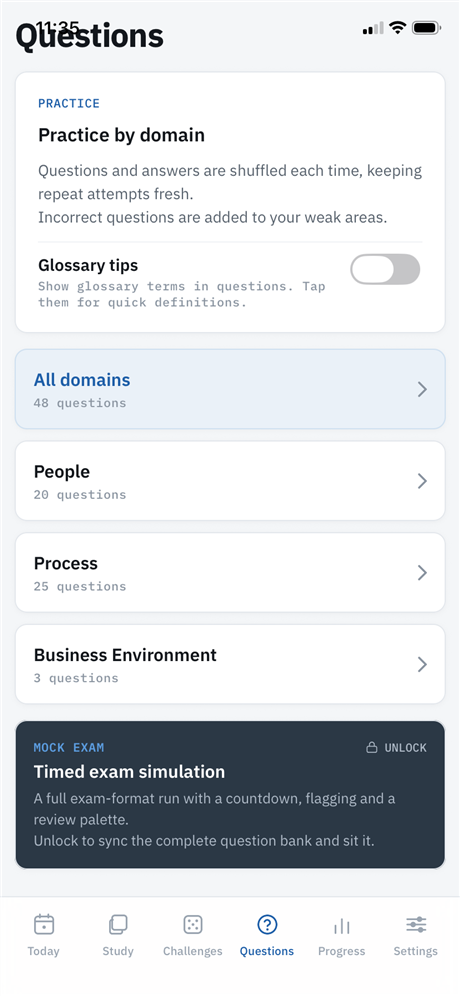Practice by domain and mock exam